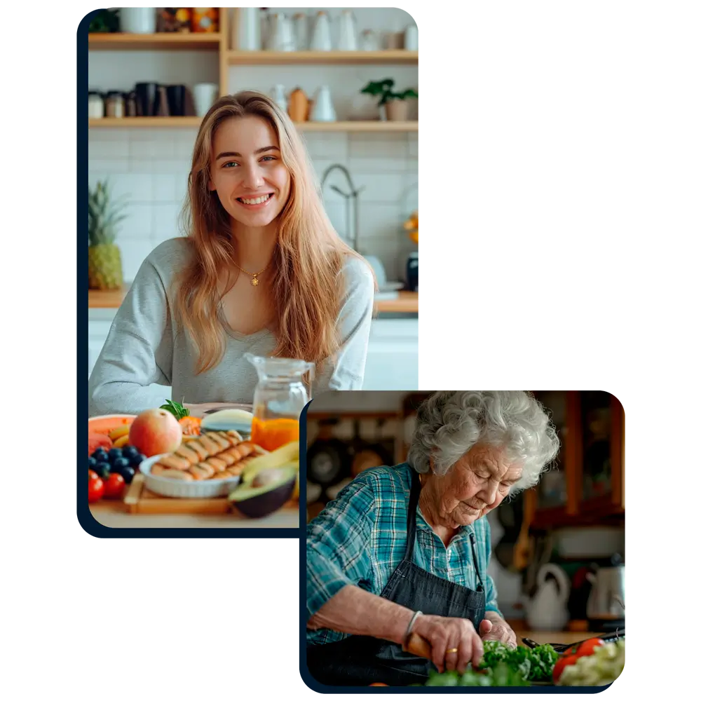 Jovem e idosa com alimentos saudáveis, enfatizando a nutrição em todas as idades, orientadas por um nutrólogo em Palmas