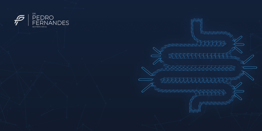Ilustração do sistema digestivo com ênfase no intestino e suas conexões, mostrando o local de atuação do GLP-1, com logo do Dr. Pedro Fernandes.